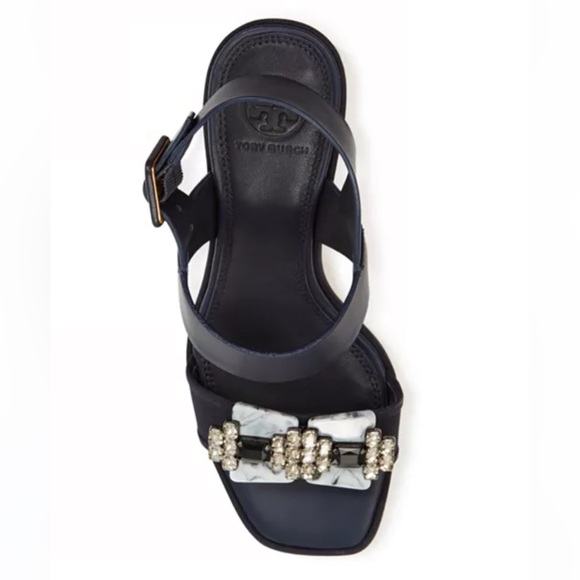 Tory Burch Navy Women's Delaney Embellished Leather Block Heel Sandals - Picture 4 of 16